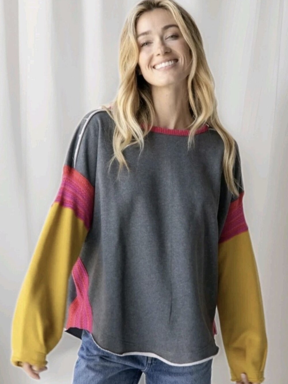 Natural Life Knit Trim Sweatshirt Colorblock Oversized Fit Colorful Boho Sz M